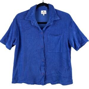 Sundry Womens Terry Cloth Camp Shirt Size 0 Blue Short Sleeve Button-Up USA